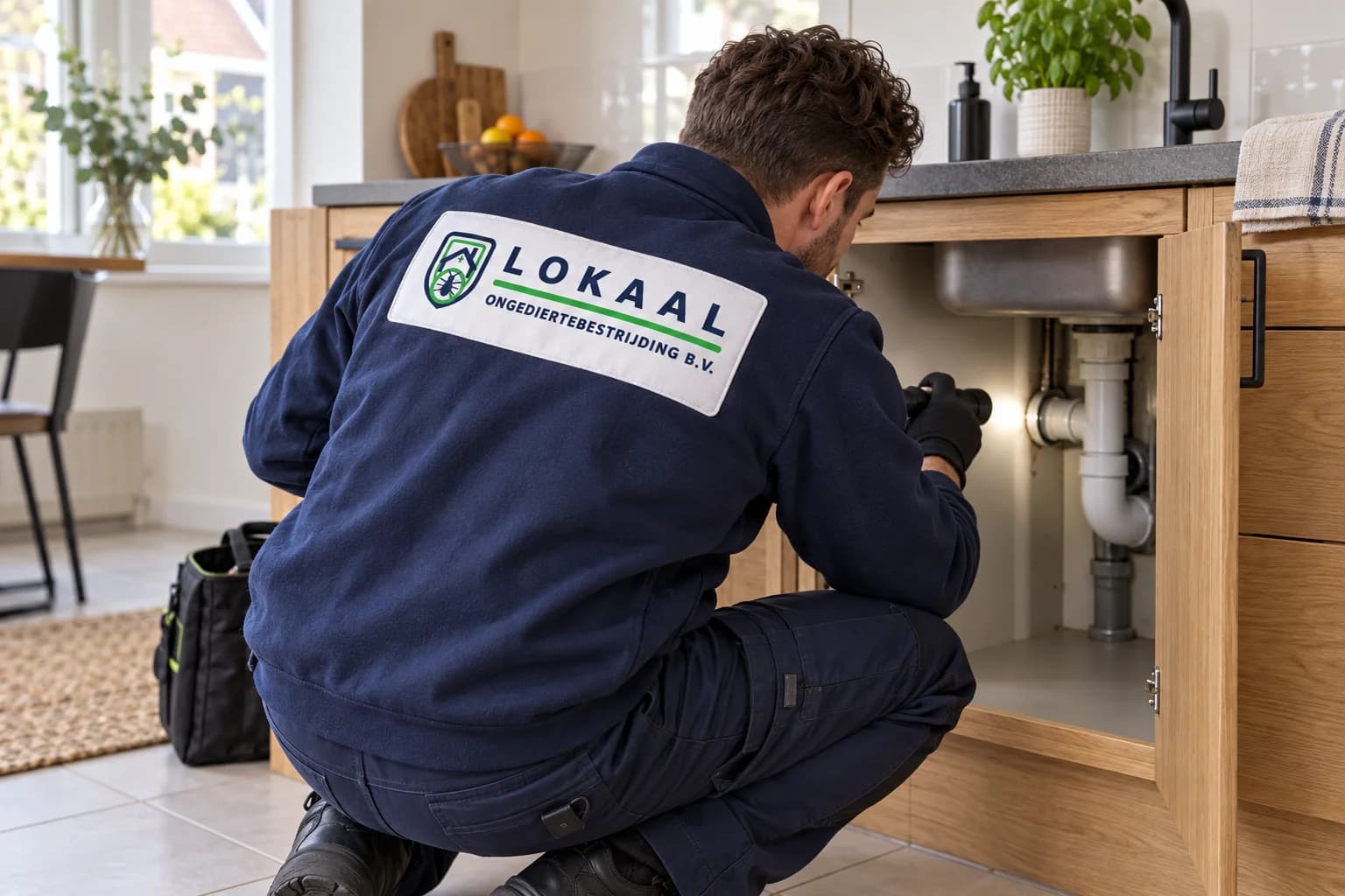 Specialist inspecteert leidingdoorvoeren in een keuken — illustratief beeld